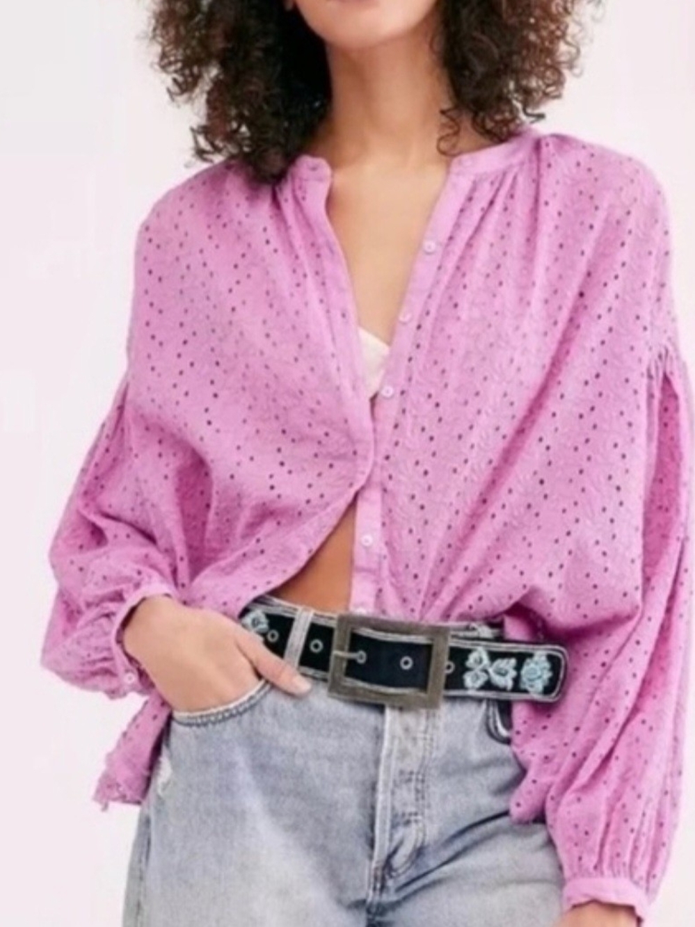 Free People Maddison Eyelet Blouse Pink Boho Balloon Sleeve Top S